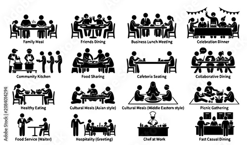 Dining and Food Sharing Glyph Icon Set Featuring Family Meals, Restaurant Dining, Community Kitchen, Cultural Cuisine, Hospitality, and Social Gatherings