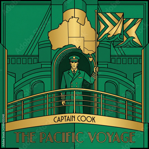 An art Deco illustration. An elegant portrait of Captain Cook. Luxurious emerald green and gold palette - aesthetics of luxury liners of the 1920s