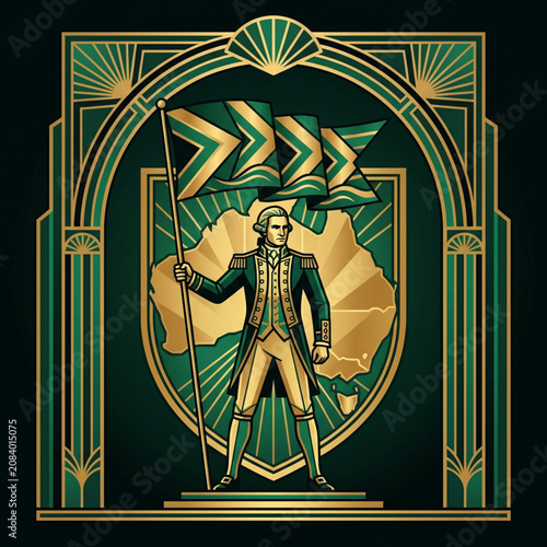Historical figure of James Cook with a flag on an artistic background representing Australia. A luxurious emerald green and gold palette