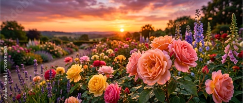 Scenic artwork showing vibrant garden with roses in pink, peach, yellow, red, lavender, delphiniums, and warm sunset sky