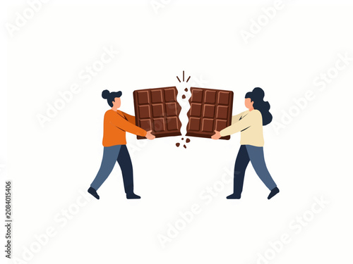Two Women Splitting a Large Chocolate Bar Together Concept of Sharing Sweet Food Vector Illustration