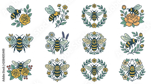 Tableau sur toile Collection of Decorative Bee Illustrations with Floral Elements.