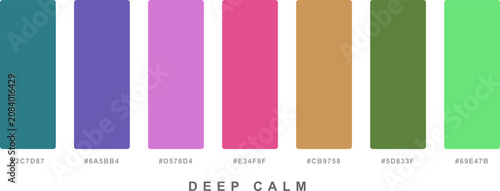 Foto Deep calm color palette showcasing seven rich hues including teal, purple, pink, brown, and various greens, intense shades