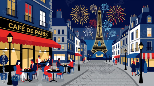 Photos Parisian Street Scene with Eiffel Tower and Fireworks, Flat Vector Illustration