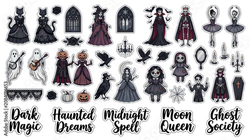 Schilderij op canvas Gothic Cute Halloween Character Stickers Sets Packs, Editable Vectors Strokes Illustrations