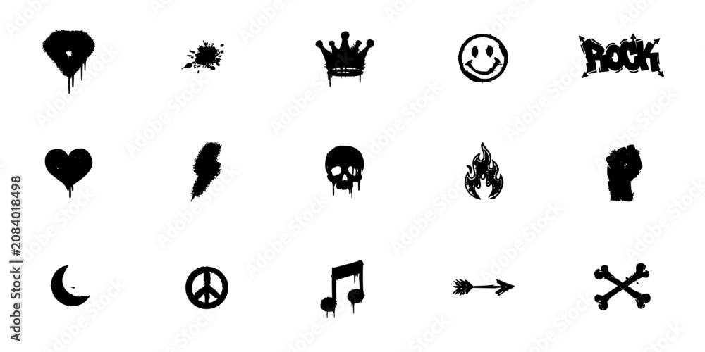 Fototapeta premium Symbols Featuring Hearts, Skulls, Music Notes, and More in Graffiti Style Featuring Peace, Moon, Crown with Rock and Fist