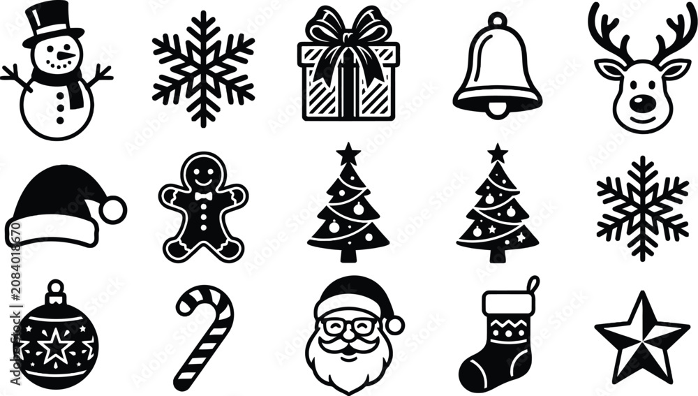 Naklejka premium Winter Holiday Icons Set Black Silhouette On White Background