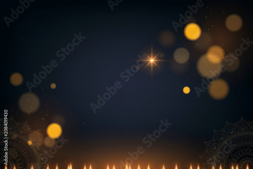 Luminous golden bokeh circles and a sparkling star light create an ethereal glow with elegant traditional ornate mandala patterns framing a long row of radiant decorative festival lamps