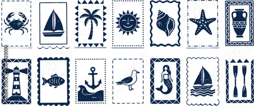 Bild auf Leinwand Collection of vintage nautical stamp illustrations featuring various sea icons l