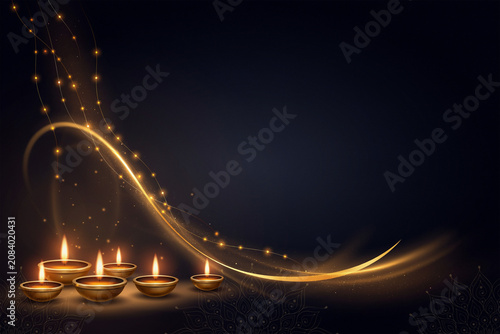 Seven traditional golden oil lamps diyas with bright glowing flames illuminate a sophisticated dark setting enhanced by elegant golden light trails sparkling dots and subtle decorative patterns