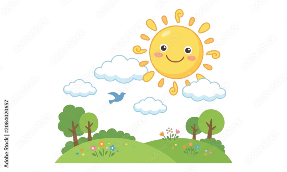 Naklejka premium Cheerful Cartoon Sun over Green Hills and Trees Illustration