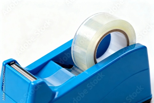 Blue Tape Dispenser with Clear Tape on White Background