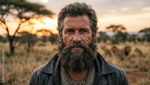 Confident older man with a beard in rugged attire against a wild landscape at sunset
