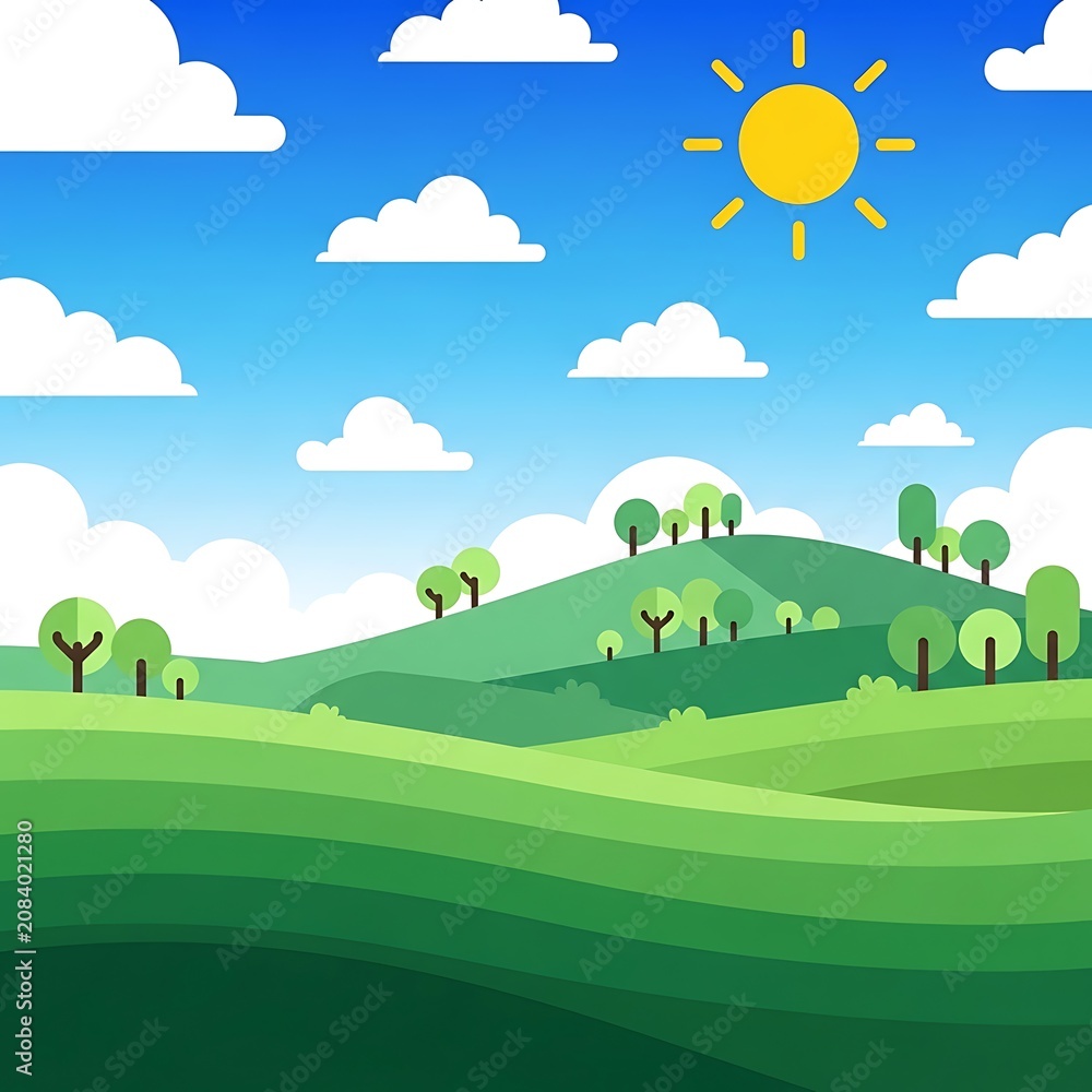 Fototapeta premium Green hills with sheep under bright sunny sky.