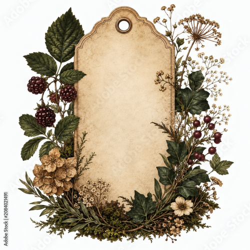 Vintage cottagecore parchment gift tag with botanical frame, rustic autumn berries and forest wildflowers clipart isolated on white background