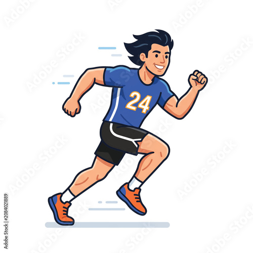 Young man running in blue shirt.