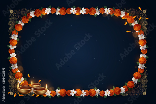 Diwali marigold flower frame with oil lamps, Indian festival floral border on dark blue background, festive celebration background with diya