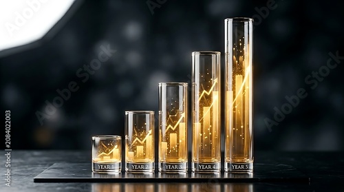 Financial growth bar chart visualized in glass containers with investment