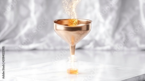 Golden particles pouring through copper funnel onto white surface with particles