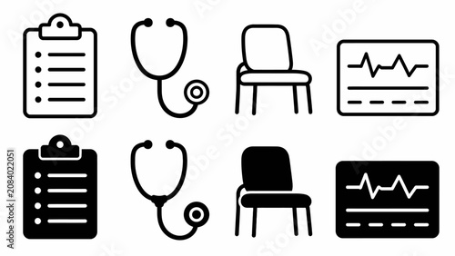 Medical icons set featuring stethoscope clipboard chair and heart monitor