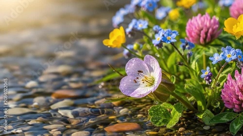 Colorful spring flowers blooming beside a pebble pathway in warm sunlight, creating a vibrant natural garden scene with fresh seasonal beauty