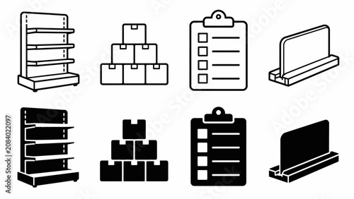 Set of black and white icons: shelves, boxes, clipboard, stand
