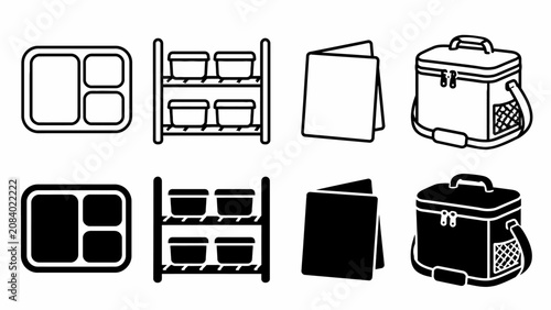 Set of lunchbox accessories: containers, racks, books, and bags in black and white icons