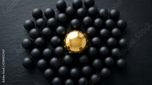 Single golden sphere standing out among many matte black balls with different