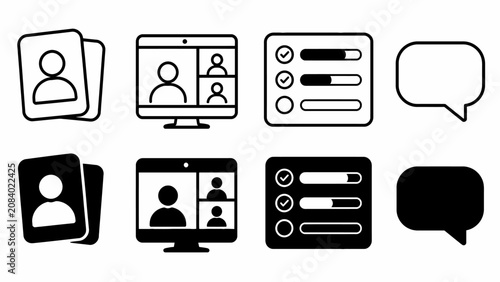 Minimalist icons for online profiles, video calls, checklists, and messaging