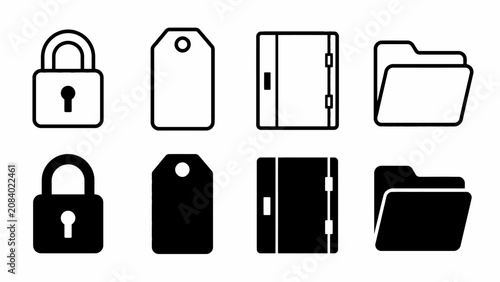 Set of lock, tag, door, and folder icons in black and white design