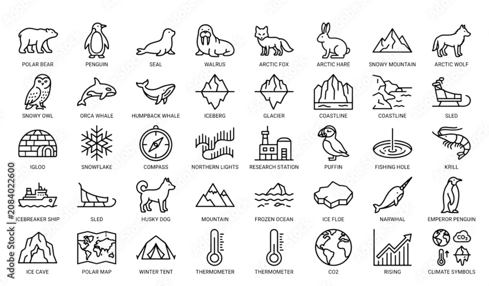 Fototapeta premium Arctic and Antarctic Line Icon Set