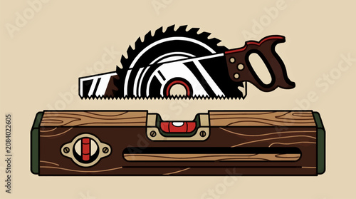 Foto Flat Vector Illustration of Vintage Wooden Level Tool and Circular Saw Blade Mot
