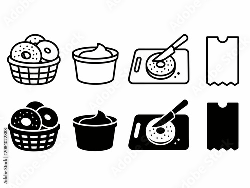 Bagels and cream cheese icons in black and white style