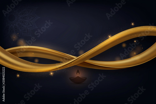 Elegant Diwali background with golden flowing ribbons, traditional oil lamp diya on dark blue backdrop, festive luxury banner for Deepavali celebration