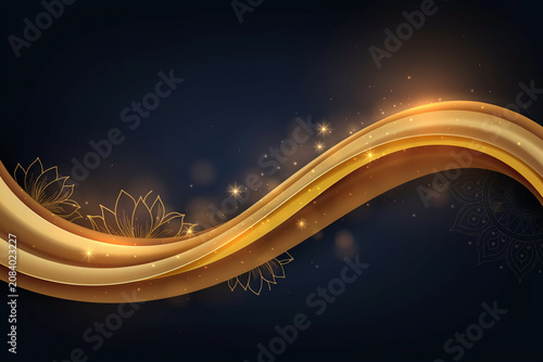 Golden wave abstract background with glowing particles, elegant black backdrop with gold lotus line art, luxury aesthetic for premium branding