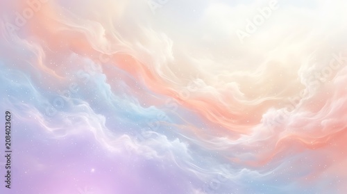 Soft pastel clouds in a dreamy sky with glowing light and glitter particles