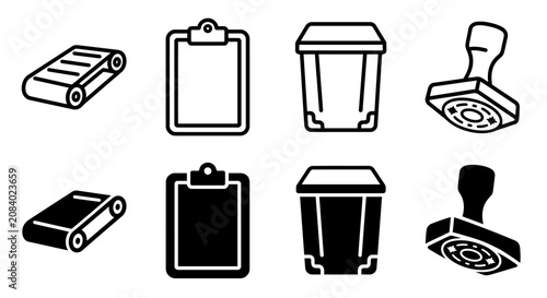 Set of office and industrial icon designs: clipboard, conveyor belt, trash bin, stamp