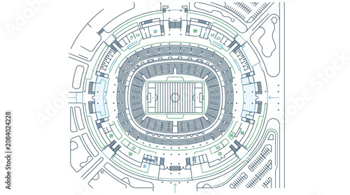 Detailed architectural blueprint of a large stadium complex.