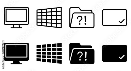 Icon set: computer, spreadsheet, folder, checkbox - black and white symbols