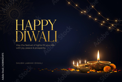 A vibrant Happy Diwali greeting card design features traditional lit oil lamps marigold flowers petals ornate string lights and auspicious religious blessings for the festive celebration