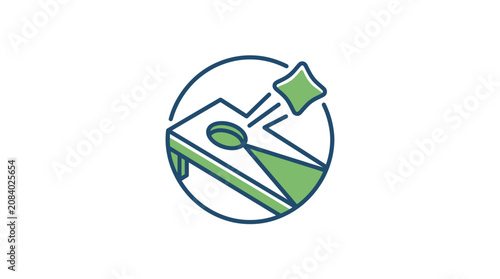 Minimalist vector illustration of a cornhole board and flying bean bag within a circular frame. Features clean line art with green and blue accents on a plain white background.