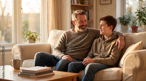 Father and teenage son sitting on a sofa in a sunlit living room talking together