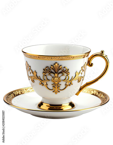 An ornate gold-decorated porcelain teacup and saucer rests on a black background.