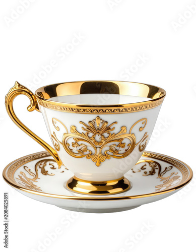An ornate white and gold teacup and saucer set against a black background.