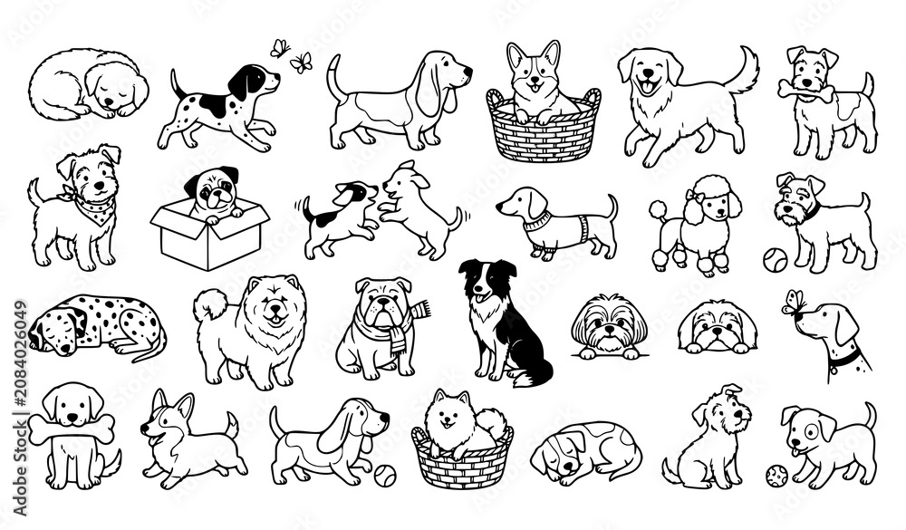 Fototapeta premium Cute Cartoon Dog Hand Drawn Outline Vector Pack with Black and White Doodle Pet Character Collection