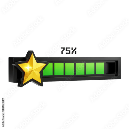 highly detailed 8-bit pixel progress bar (75% full, neon green segments) and golden star icon, '75%' text above, clean orthographic 3d render on transparent background. concept of video game
