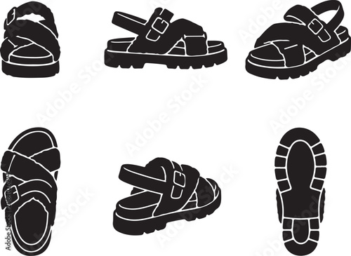 Obraz na plátně Black Silhouette Fuzzy Platform Sandal Icon Set in Various Angles