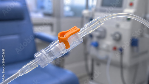 Catheter connector clamp plastic clear orange dialysis peritoneal medical tube close up, sterile fluid line detail with blurred clinic room background for kidney treatment care