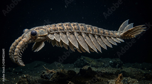 Anomalocaris canadensis a prehistoric marine arthropod with large compound eyes and segmented body swimming in dark deep ocean water for paleontology and ancient life studies
