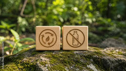 Wooden cube, circular economy, plastic free, icon, moss, rock, forest foliage frame engraved block on mossy stone in natural daylight for sustainability concept and eco product photography